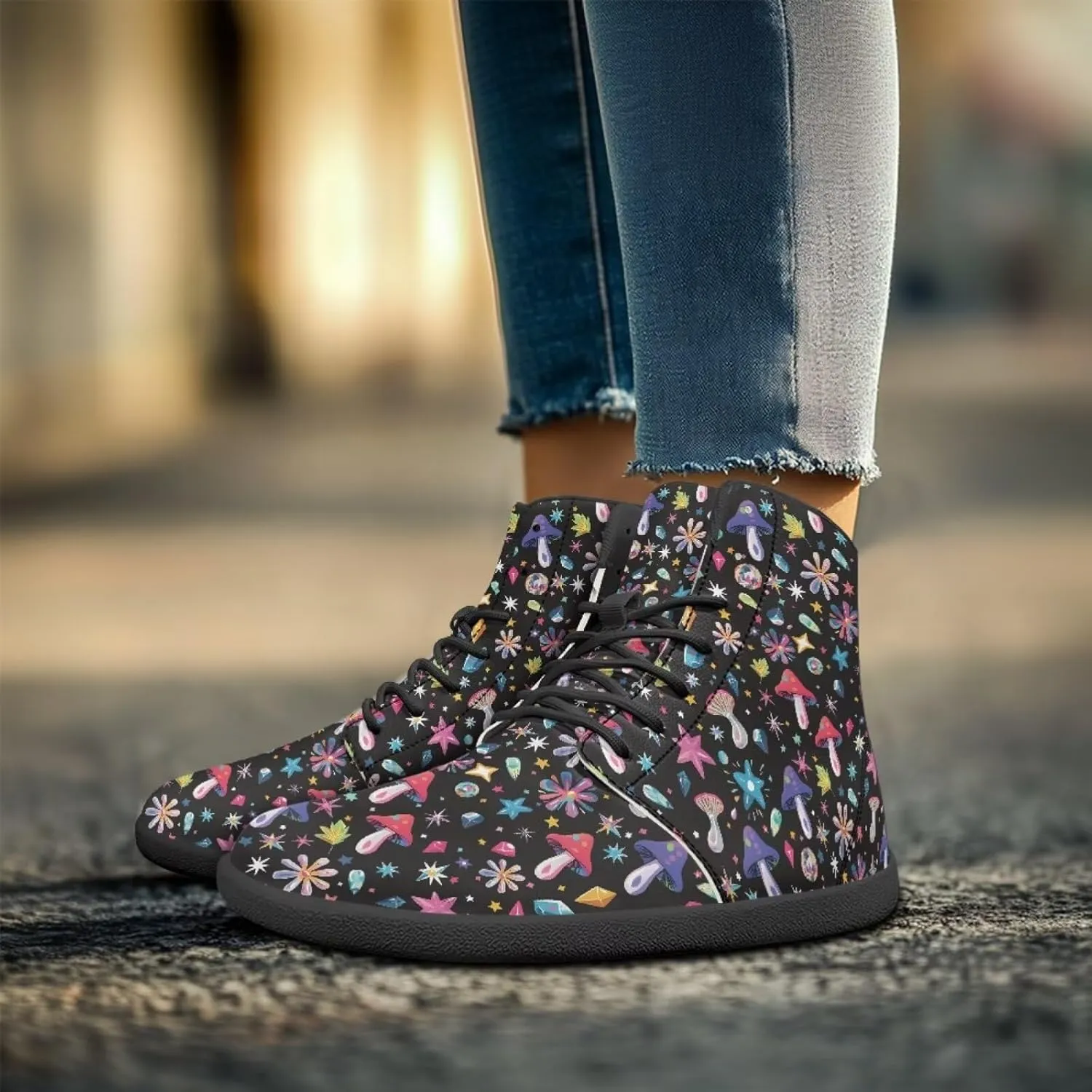 Aesthetic Plant Women's High Top Sneakers Unisex Wide Toe Barefoot Sneakers PU Leathe Waterproof Lace Up Shoes