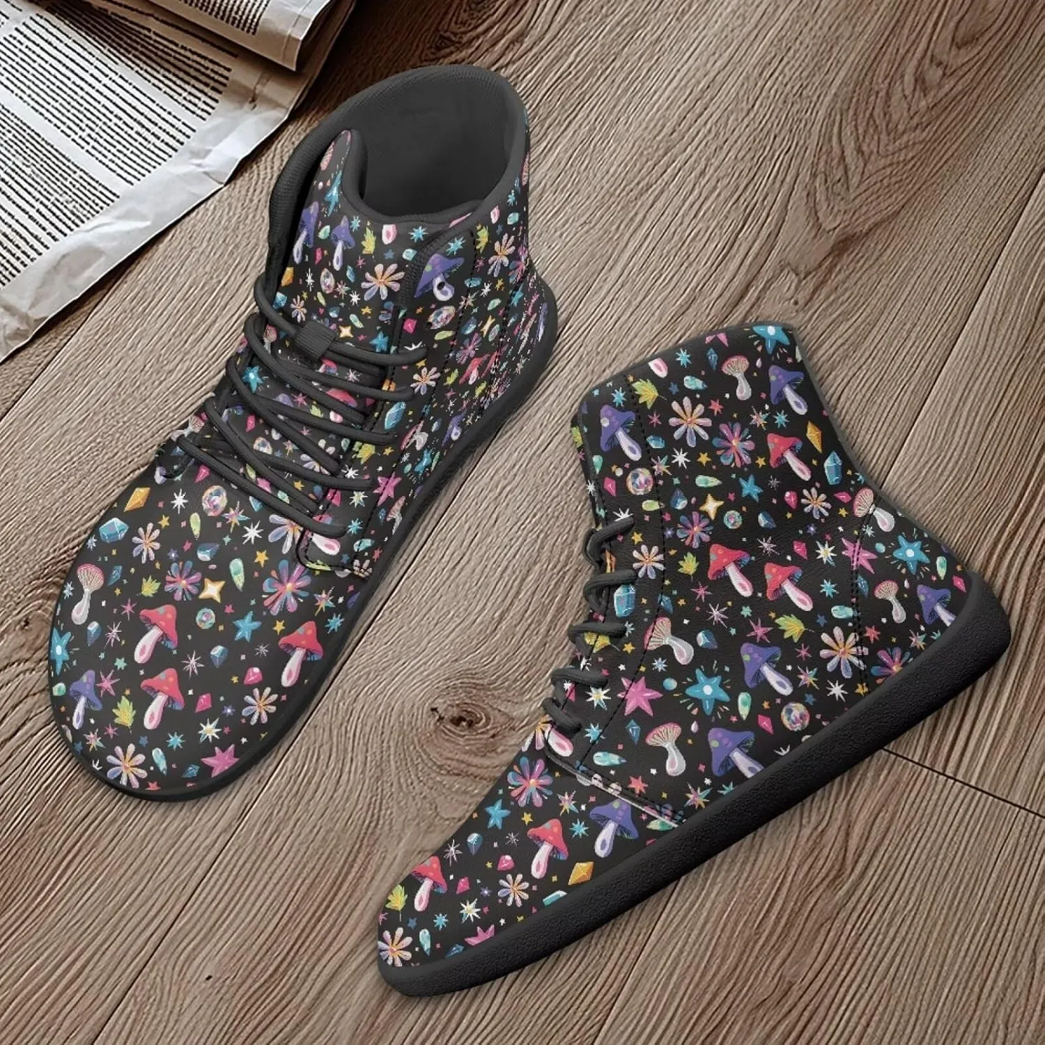 Aesthetic Plant Women's High Top Sneakers Unisex Wide Toe Barefoot Sneakers PU Leathe Waterproof Lace Up Shoes
