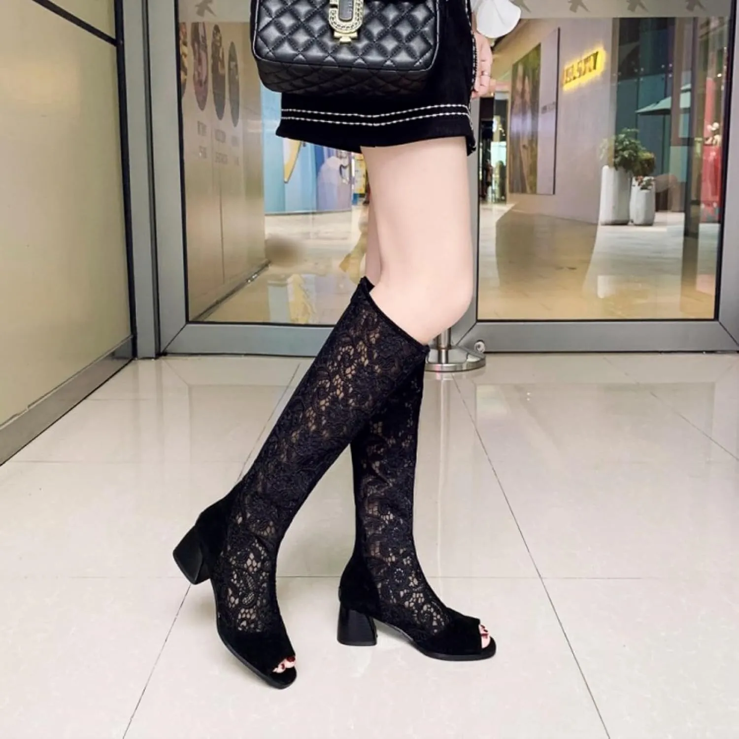 Aflngle Women Chunky Heel Open Toe Lace Sandals Mesh Hollow Out Gladiator Knee High Summer Booties Back Zipper Block Low Heel Long Boots