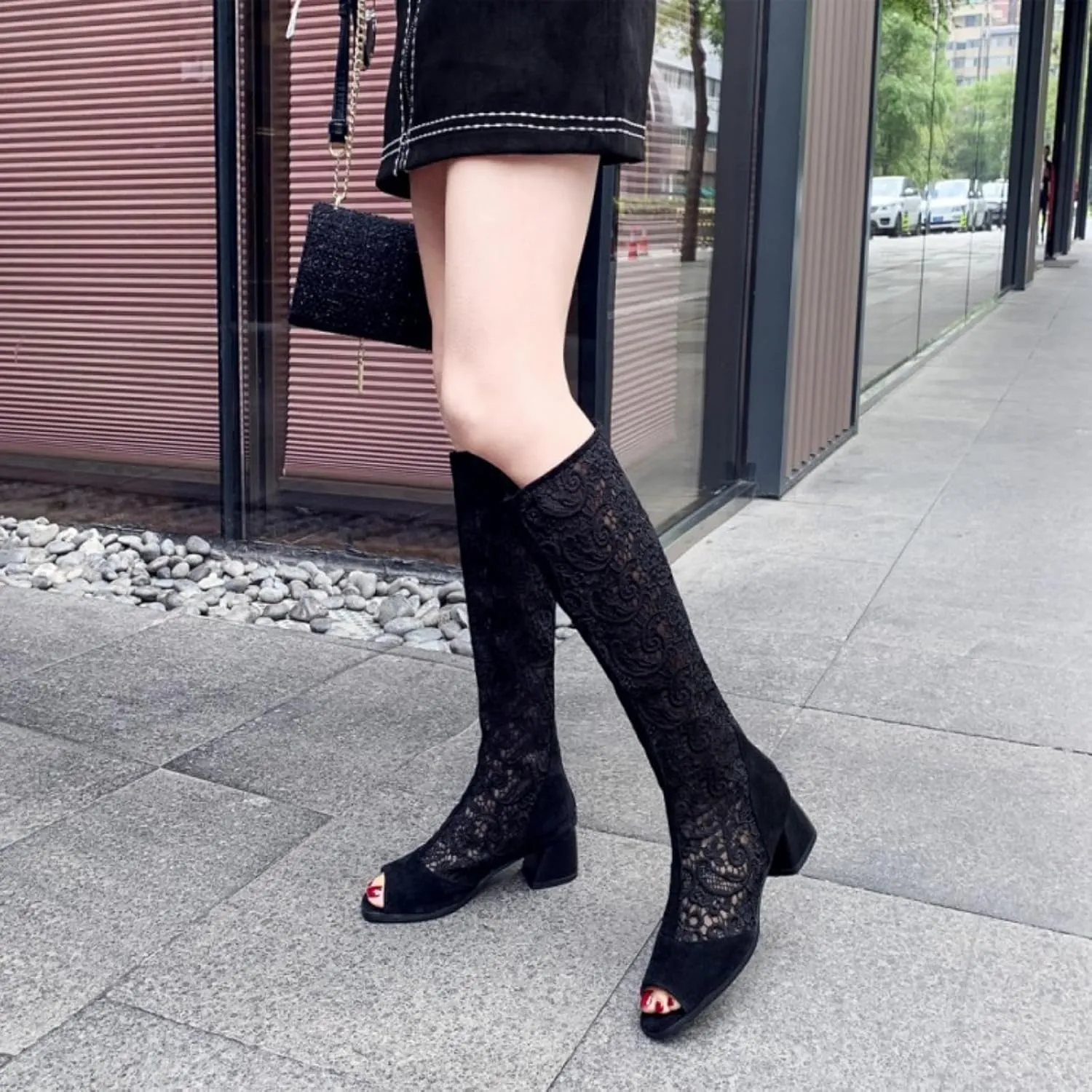 Aflngle Women Chunky Heel Open Toe Lace Sandals Mesh Hollow Out Gladiator Knee High Summer Booties Back Zipper Block Low Heel Long Boots