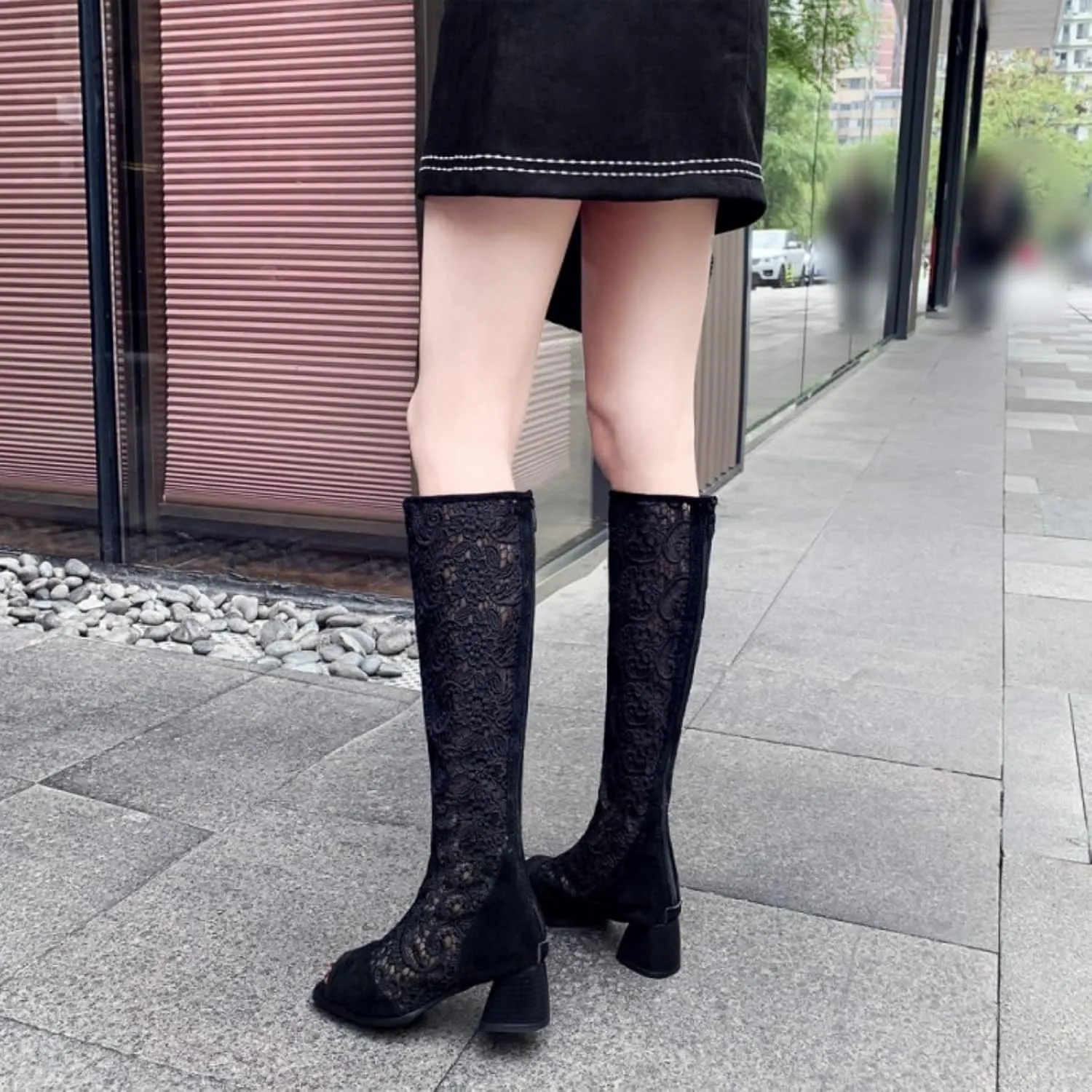 Aflngle Women Chunky Heel Open Toe Lace Sandals Mesh Hollow Out Gladiator Knee High Summer Booties Back Zipper Block Low Heel Long Boots