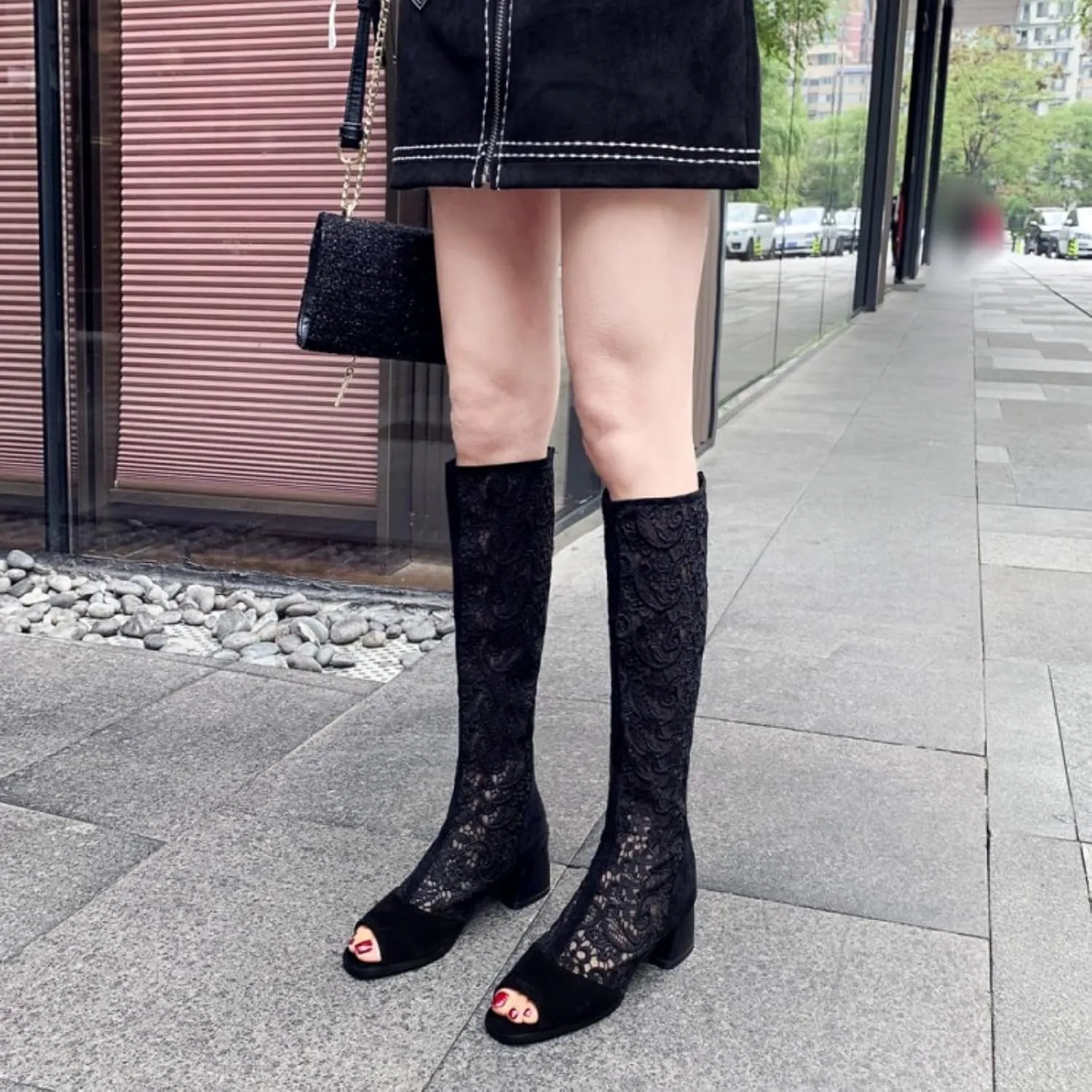 Aflngle Women Chunky Heel Open Toe Lace Sandals Mesh Hollow Out Gladiator Knee High Summer Booties Back Zipper Block Low Heel Long Boots
