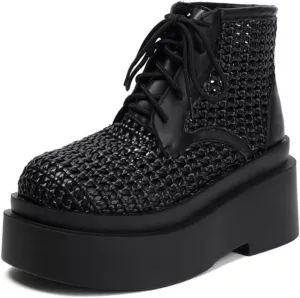 Aflngle Women's Fashion Mesh Platform High Heel Lace Up Round Toe Sandals Shoes Comfortable Chunky Block Heels Thick Sole Summer Breathable Sandal Boots