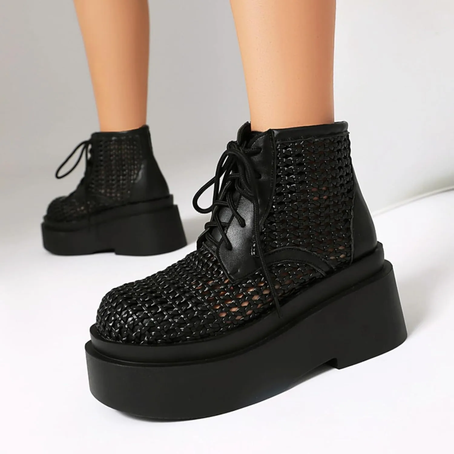 Aflngle Women's Fashion Mesh Platform High Heel Lace Up Round Toe Sandals Shoes Comfortable Chunky Block Heels Thick Sole Summer Breathable Sandal Boots