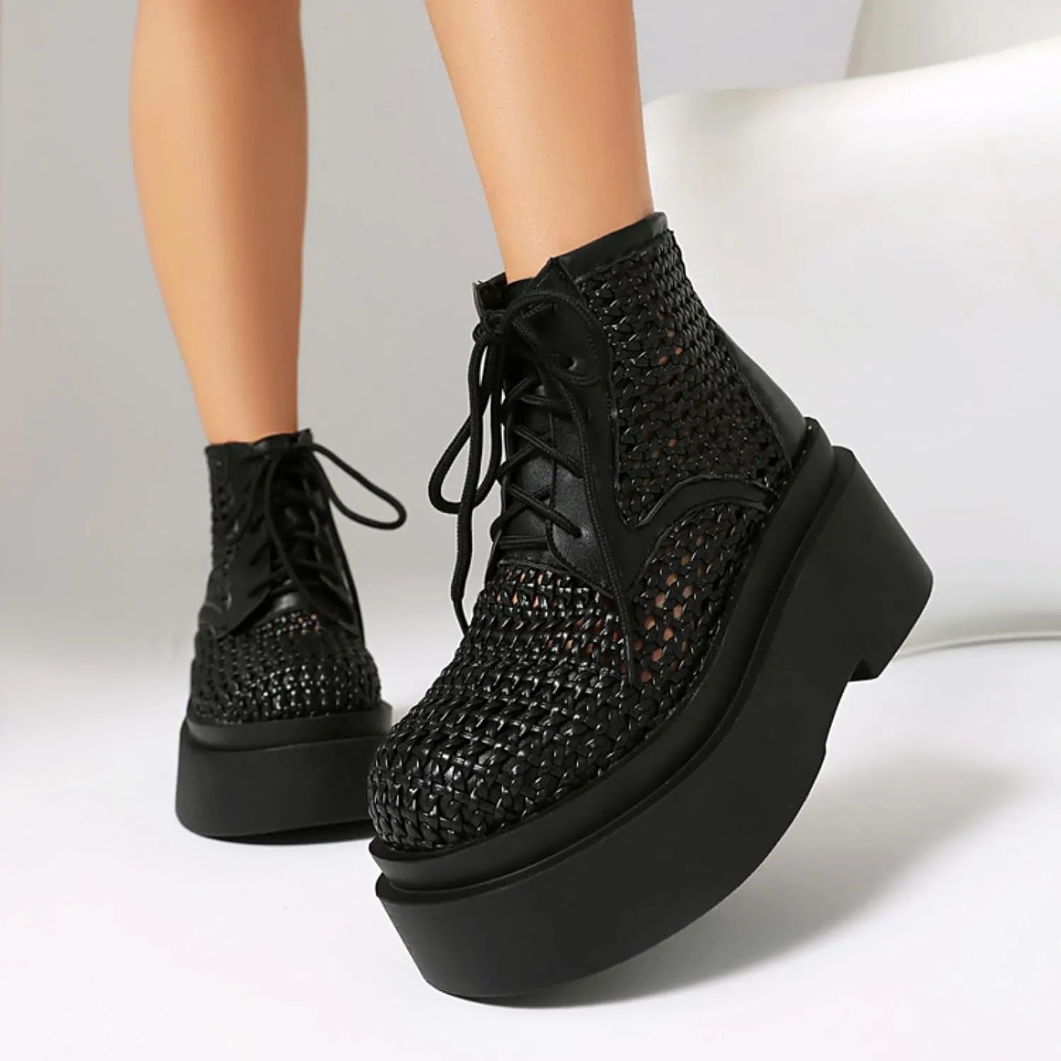 Aflngle Women's Fashion Mesh Platform High Heel Lace Up Round Toe Sandals Shoes Comfortable Chunky Block Heels Thick Sole Summer Breathable Sandal Boots