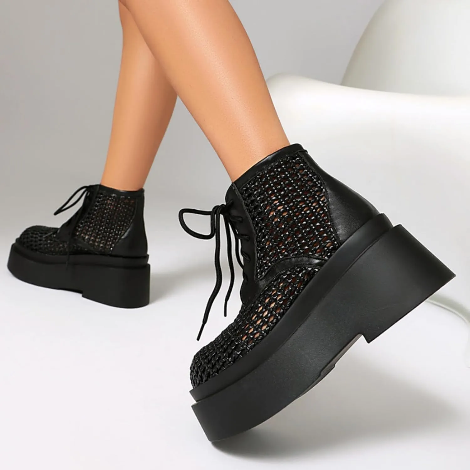 Aflngle Women's Fashion Mesh Platform High Heel Lace Up Round Toe Sandals Shoes Comfortable Chunky Block Heels Thick Sole Summer Breathable Sandal Boots