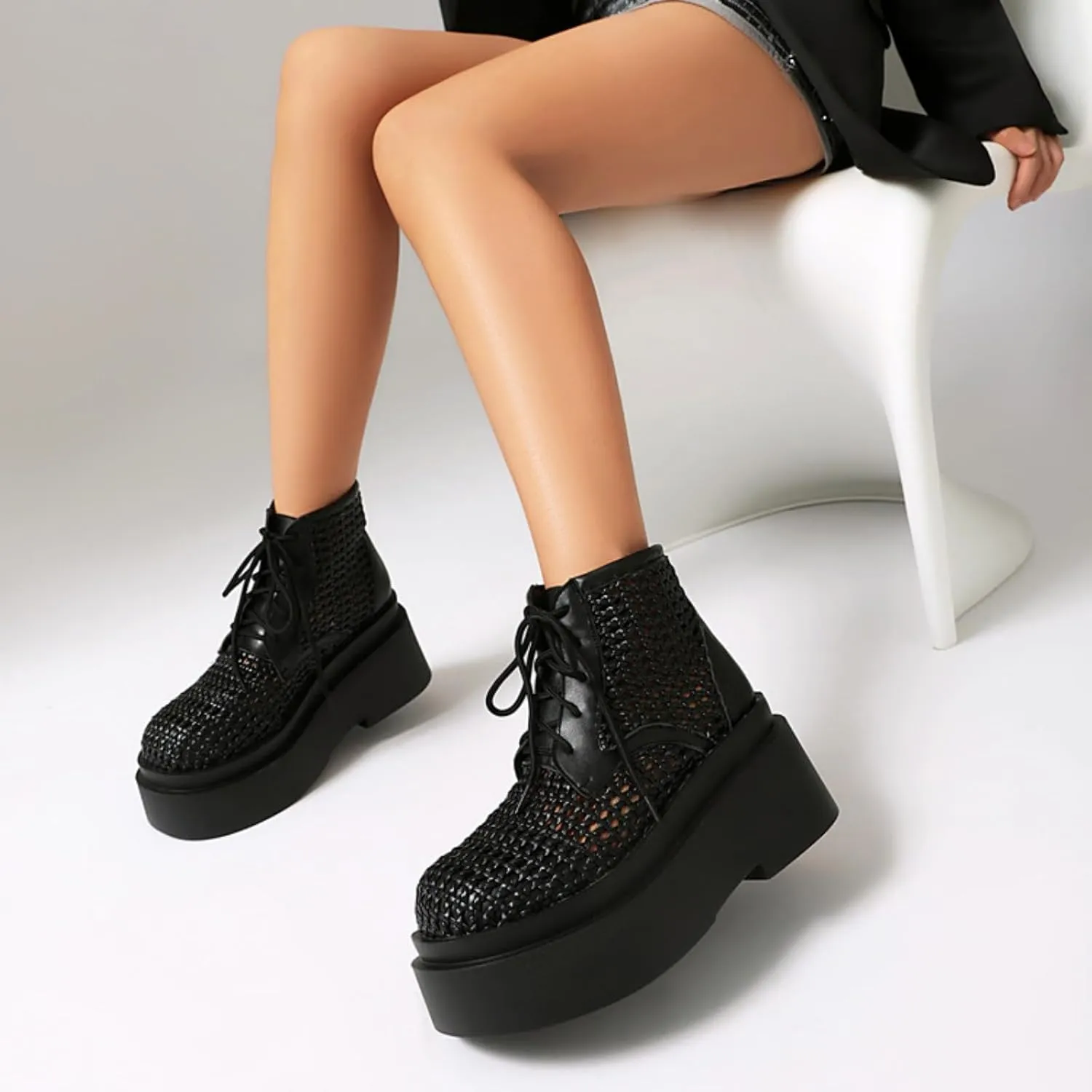 Aflngle Women's Fashion Mesh Platform High Heel Lace Up Round Toe Sandals Shoes Comfortable Chunky Block Heels Thick Sole Summer Breathable Sandal Boots