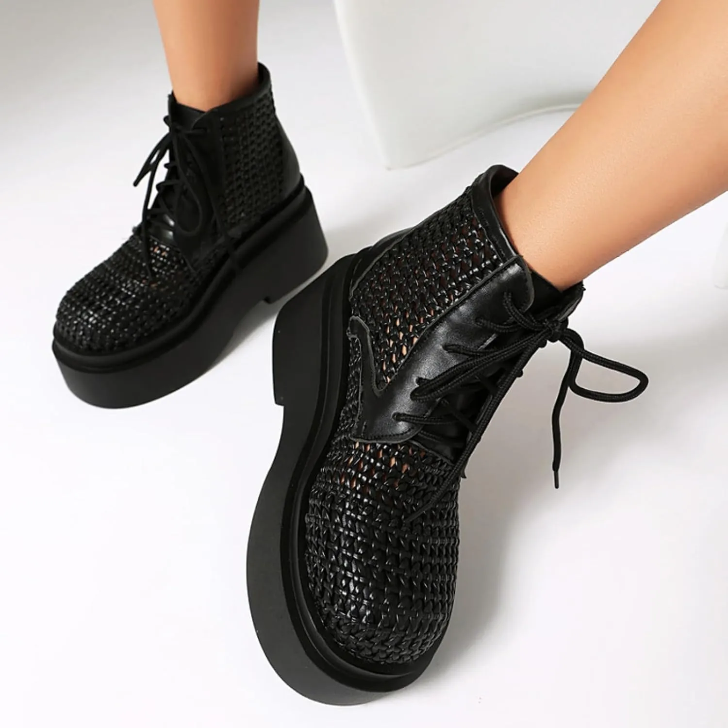 Aflngle Women's Fashion Mesh Platform High Heel Lace Up Round Toe Sandals Shoes Comfortable Chunky Block Heels Thick Sole Summer Breathable Sandal Boots