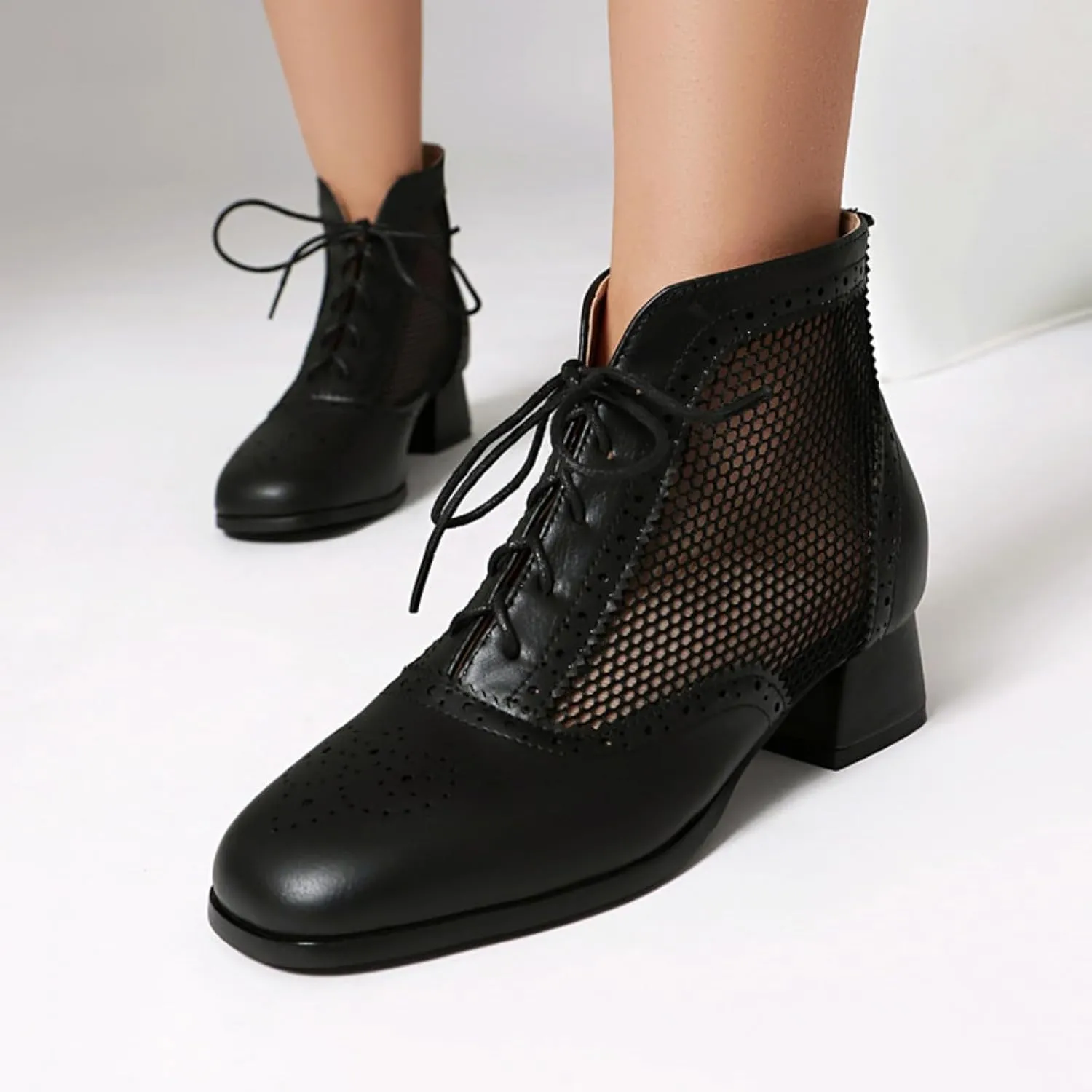Aflngle Women's Lace Up Mesh Sandals Shoes Fashion Square Closed Toe Low Chunky Heels Block Summer Fishing Net Breathable Ankle Boots