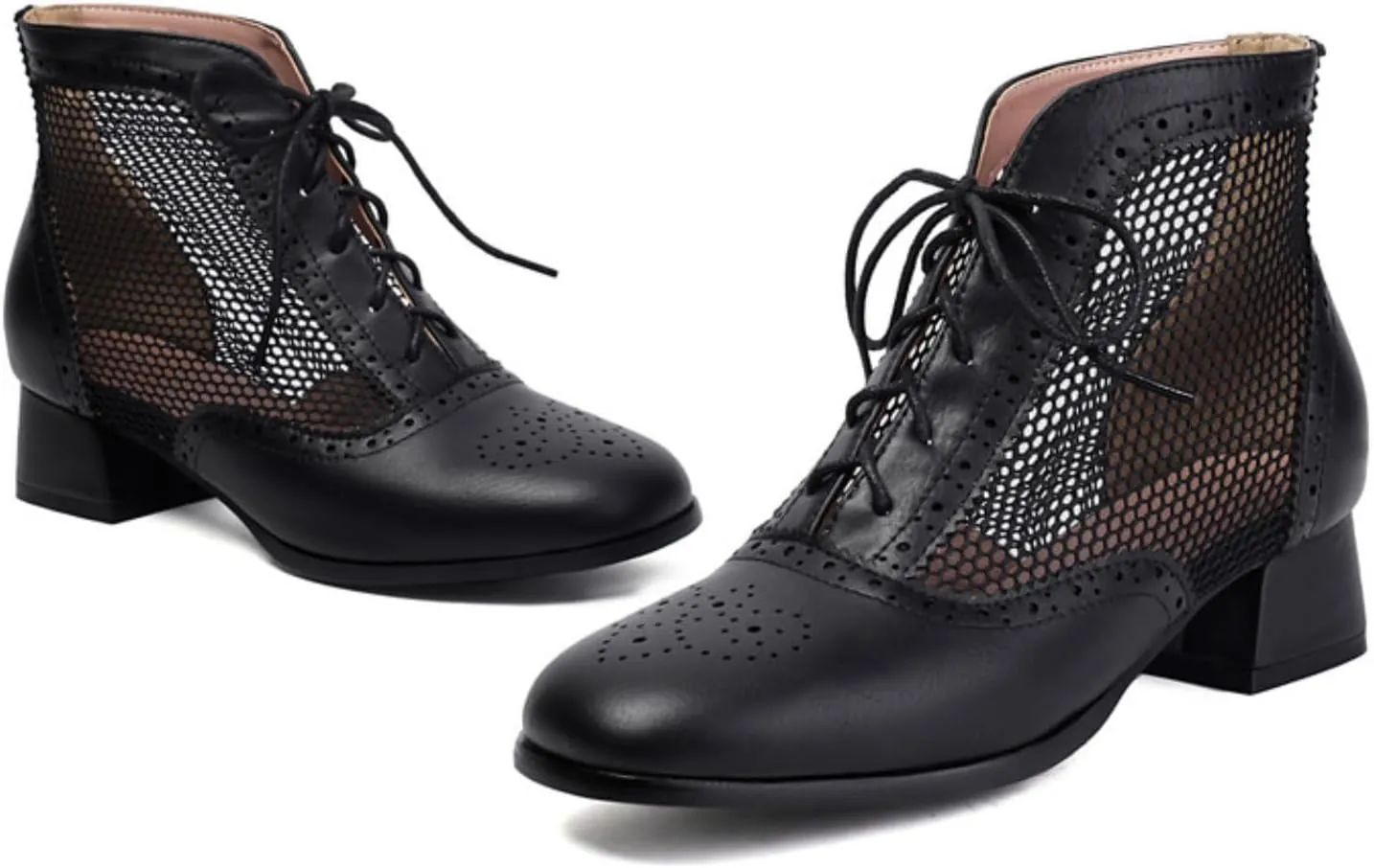 Aflngle Women's Lace Up Mesh Sandals Shoes Fashion Square Closed Toe Low Chunky Heels Block Summer Fishing Net Breathable Ankle Boots