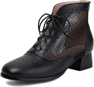Aflngle Women's Lace Up Mesh Sandals Shoes Fashion Square Closed Toe Low Chunky Heels Block Summer Fishing Net Breathable Ankle Boots