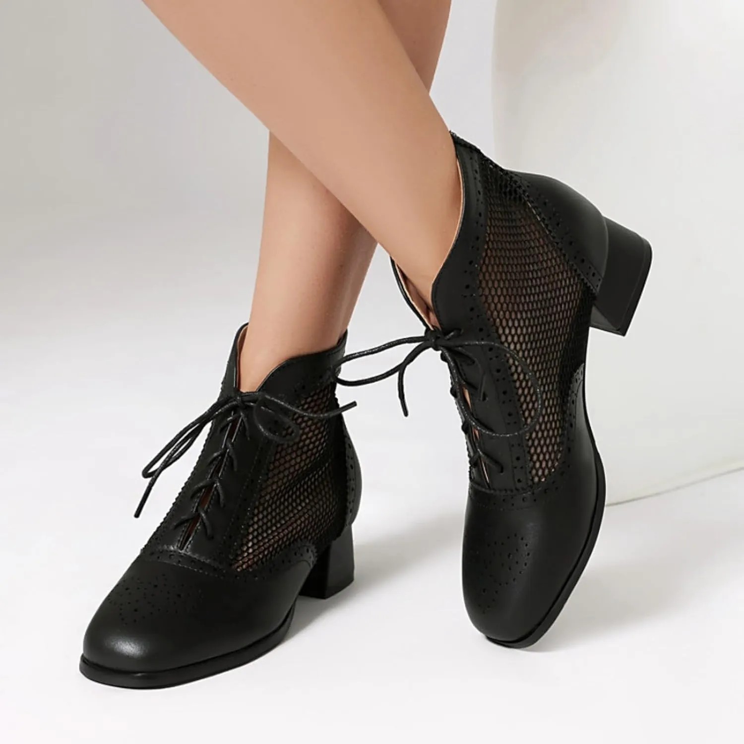 Aflngle Women's Lace Up Mesh Sandals Shoes Fashion Square Closed Toe Low Chunky Heels Block Summer Fishing Net Breathable Ankle Boots