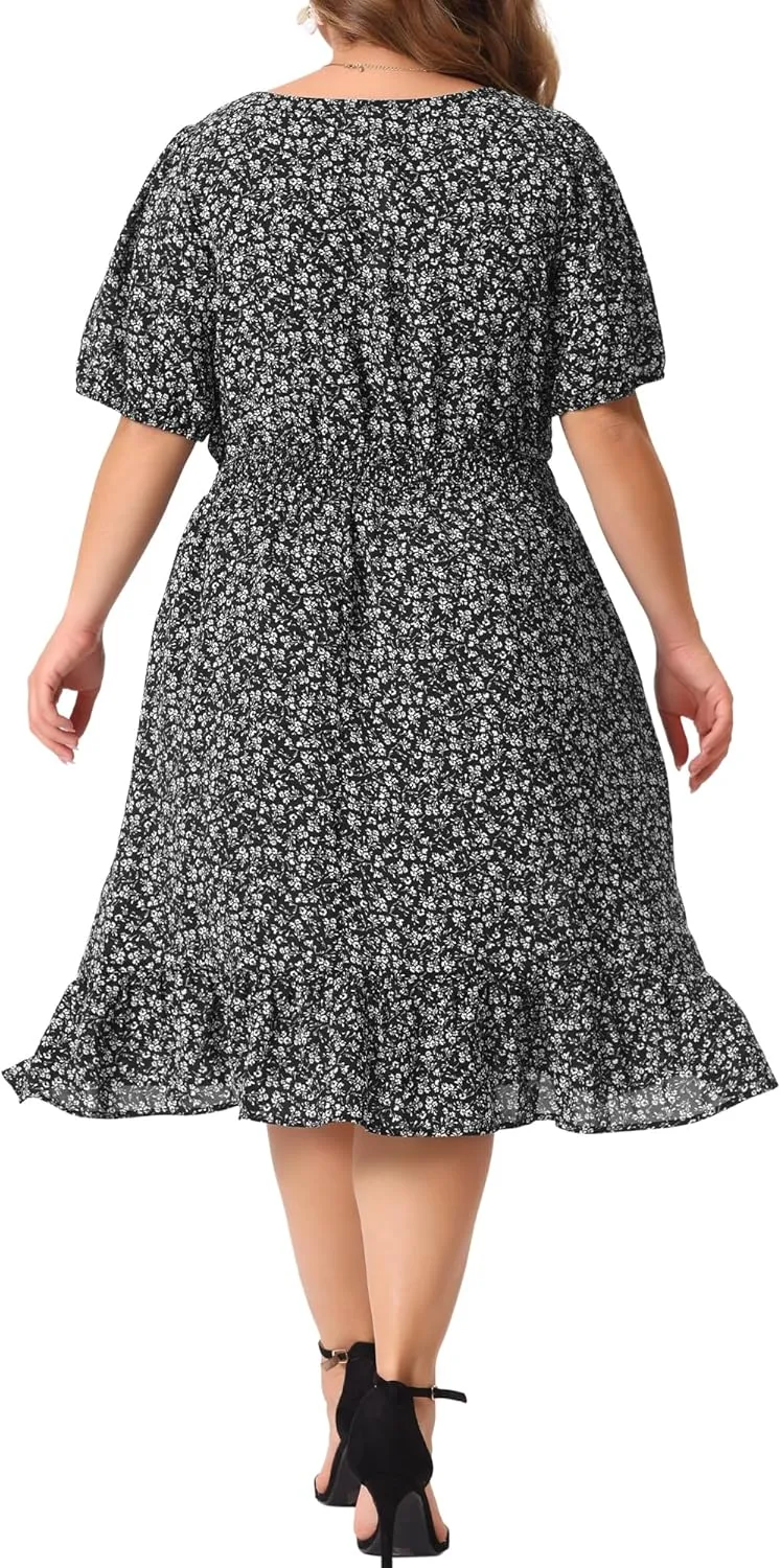 Agnes Orinda Plus Size Women's Dresses Short Sleeve Square Neck Elastic Waist Floral Dress Summer 2024