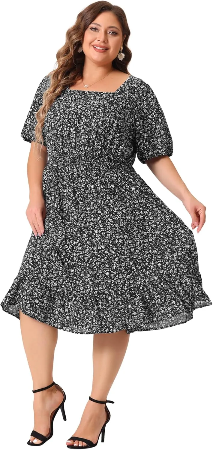 Agnes Orinda Plus Size Women's Dresses Short Sleeve Square Neck Elastic Waist Floral Dress Summer 2024