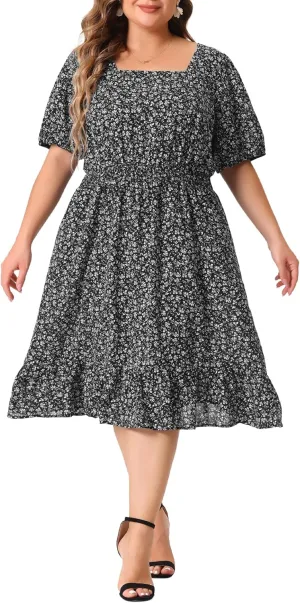 Agnes Orinda Plus Size Women's Dresses Short Sleeve Square Neck Elastic Waist Floral Dress Summer 2024