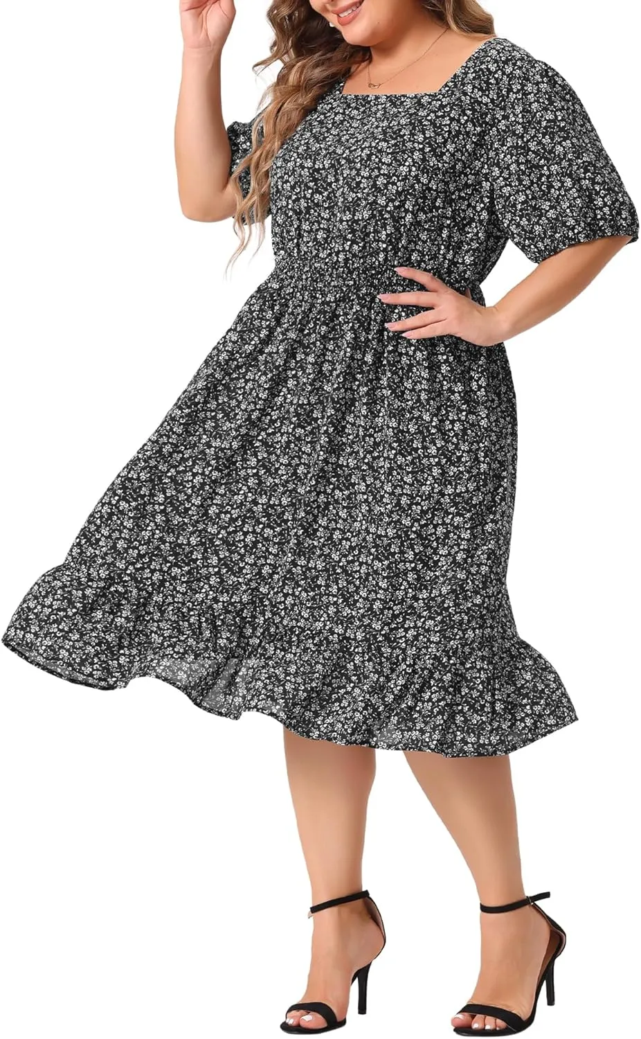 Agnes Orinda Plus Size Women's Dresses Short Sleeve Square Neck Elastic Waist Floral Dress Summer 2024