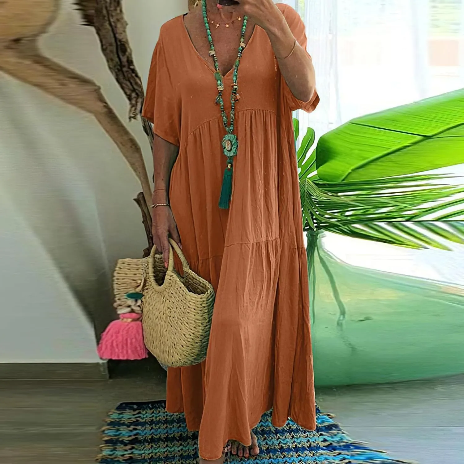 Akivide Linen Dresses for Women 2024 Summer Beach Casual Loose Plus Size Short Sleeve Flowy Maxi Dress