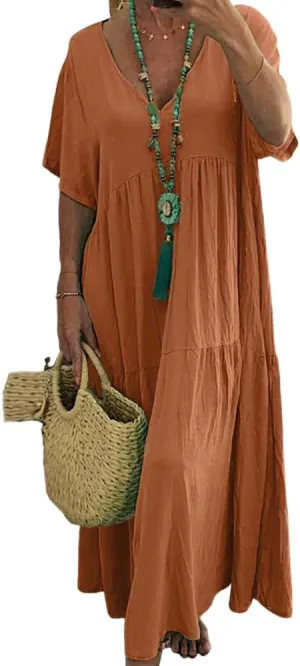 Akivide Linen Dresses for Women 2024 Summer Beach Casual Loose Plus Size Short Sleeve Flowy Maxi Dress