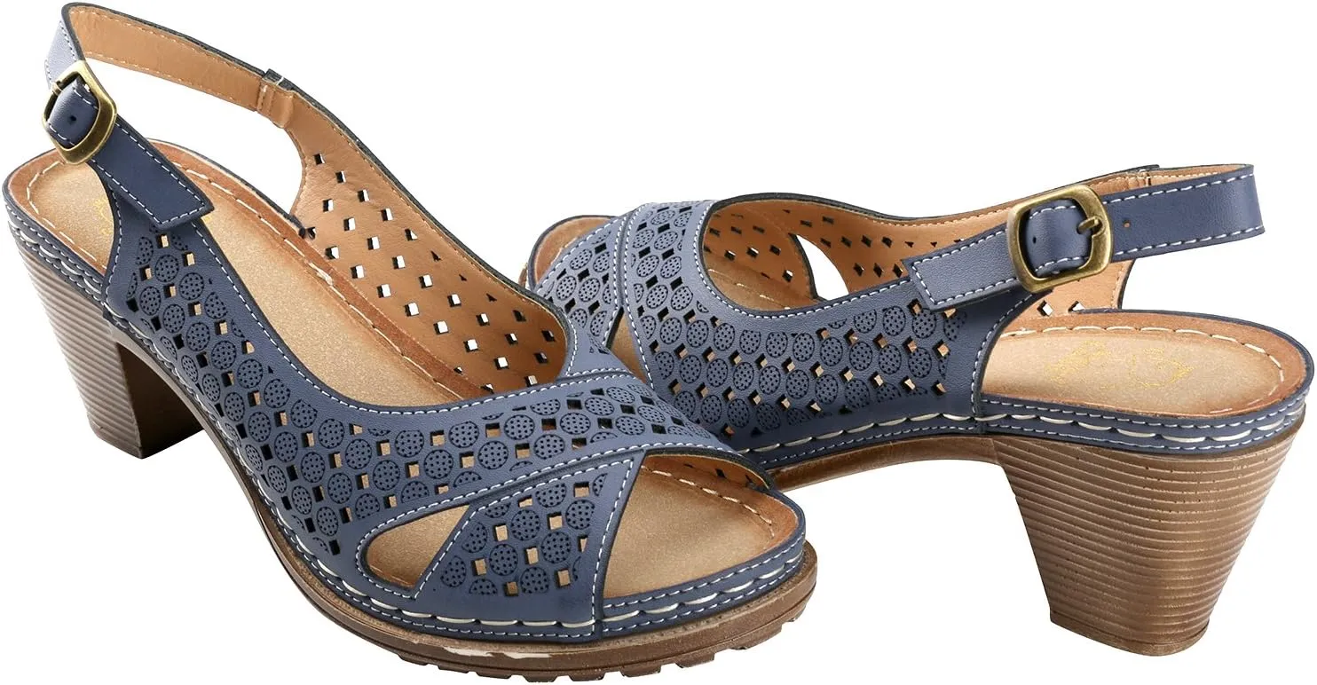 Alexis Leroy Block Heel Cut-Out Vamp Peep Toe Slingback Women's Sandals