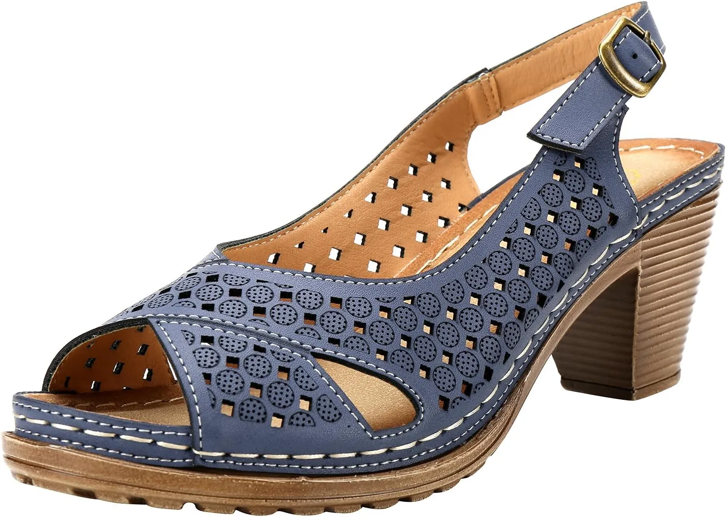 Alexis Leroy Block Heel Cut-Out Vamp Peep Toe Slingback Women's Sandals