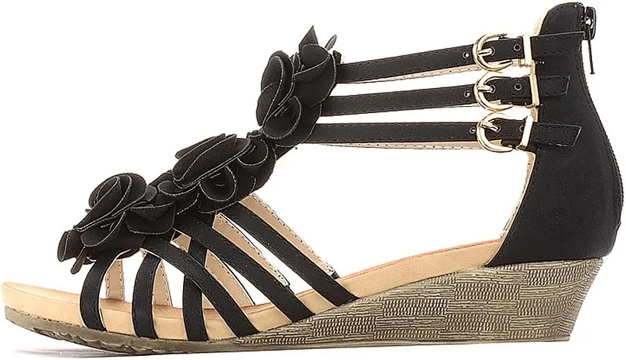 Alexis Leroy Women's Summer T-Straps Buckle Design Fashion Wedge Heel Sandals