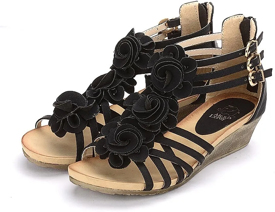 Alexis Leroy Women's Summer T-Straps Buckle Design Fashion Wedge Heel Sandals