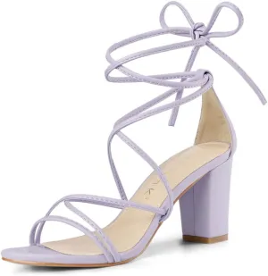 Allegra K Women's Strappy Lace Up Chunky Heeled Light Purple Heels Sandals 6 M US