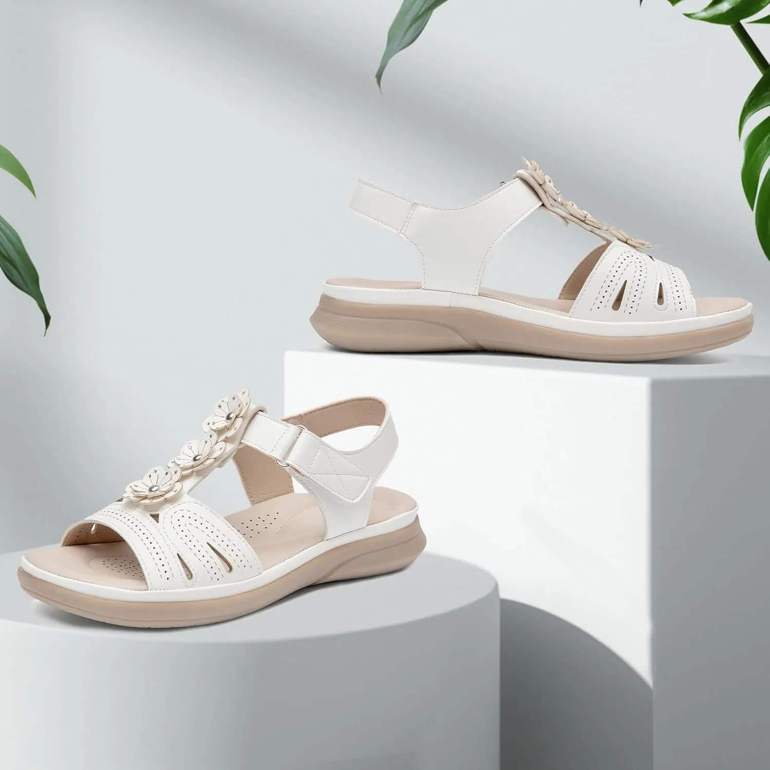 ALLOT Women's Arch Support Flat Sandals Low Wedge Heel Comfortable Dressy Summer Slides With Flowers