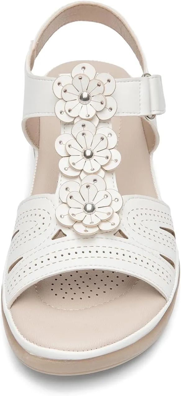 ALLOT Women's Arch Support Flat Sandals Low Wedge Heel Comfortable Dressy Summer Slides With Flowers