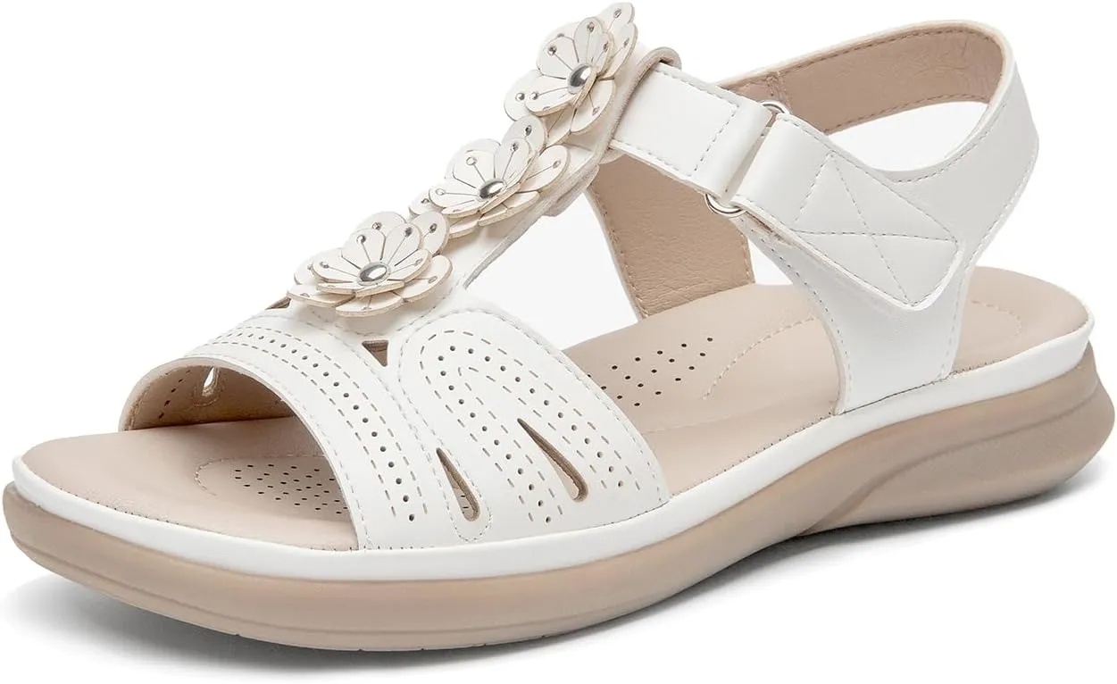 ALLOT Women's Arch Support Flat Sandals Low Wedge Heel Comfortable Dressy Summer Slides With Flowers
