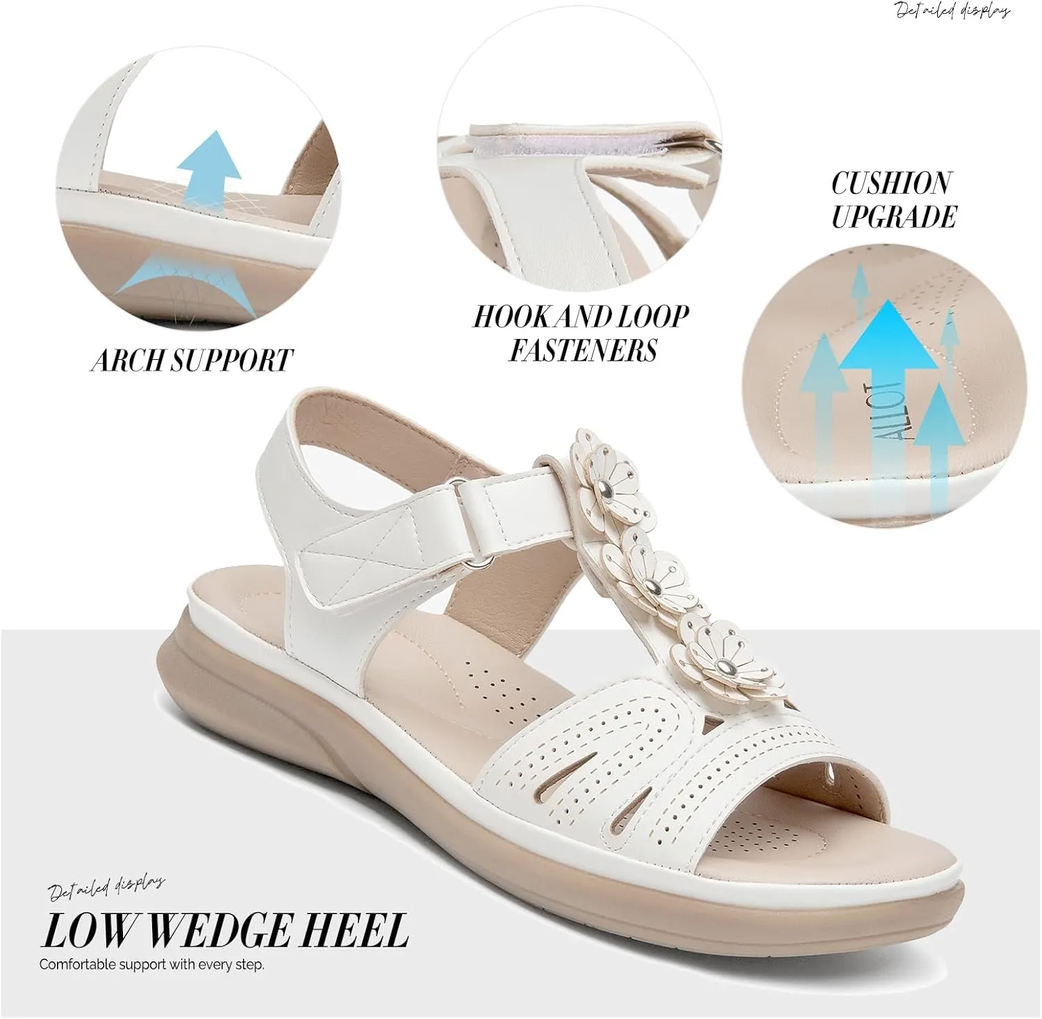 ALLOT Women's Arch Support Flat Sandals Low Wedge Heel Comfortable Dressy Summer Slides With Flowers