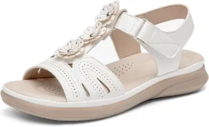 ALLOT Women's Arch Support Flat Sandals Low Wedge Heel Comfortable Dressy Summer Slides With Flowers