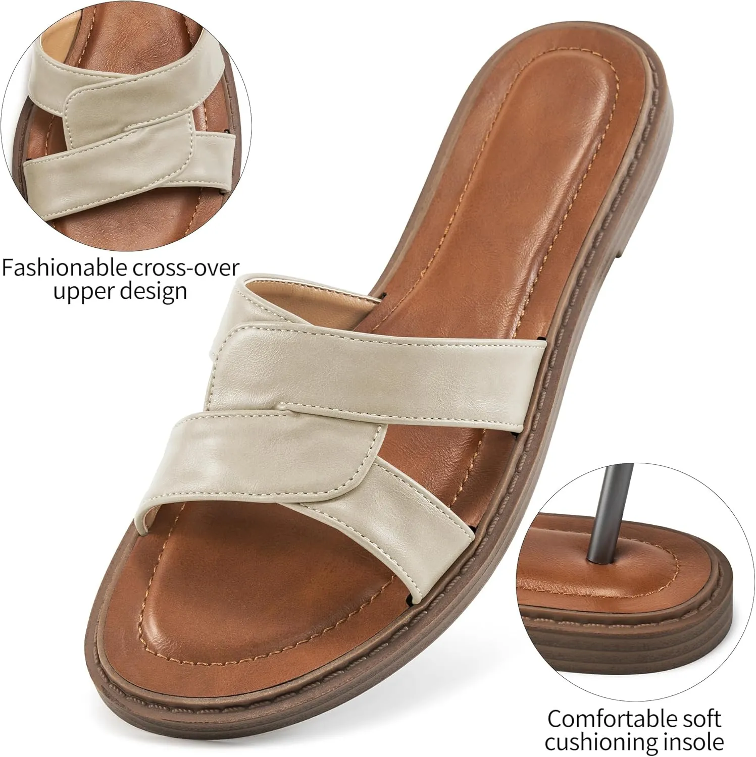 Almusen Slides for Womens Flat Sandals: Comfort Slip On Dressy Summer Beach Flats Fashion Cross Walking Shoes for Daily
