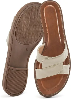 Almusen Slides for Womens Flat Sandals: Comfort Slip On Dressy Summer Beach Flats Fashion Cross Walking Shoes for Daily
