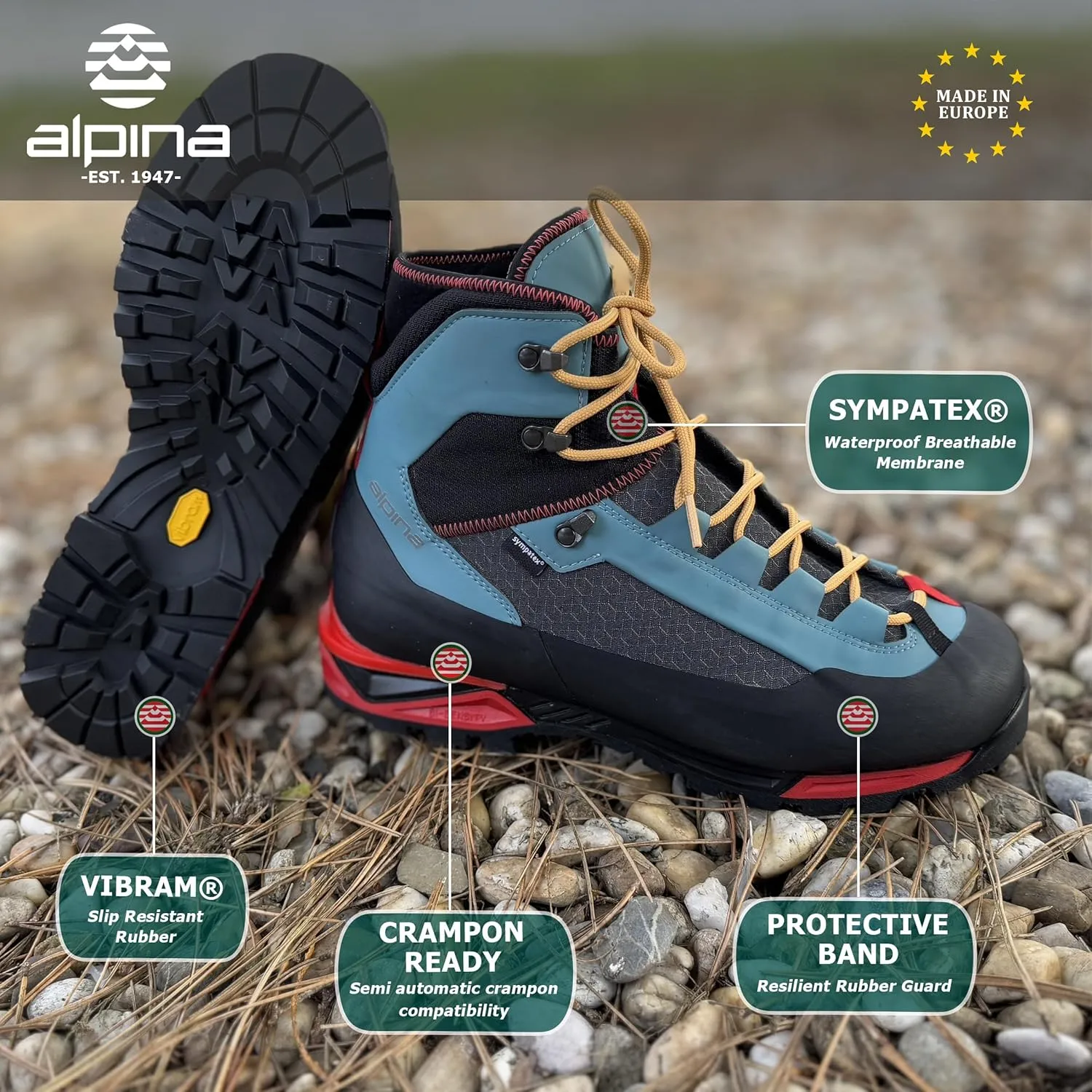 Alpina CARABINER - Made in Europe - Men's | Women's Mountaineering Boots - Waterproof - Sympatex Brathable Membrane - Vibram - Textile & Synthetic or Leather Upper