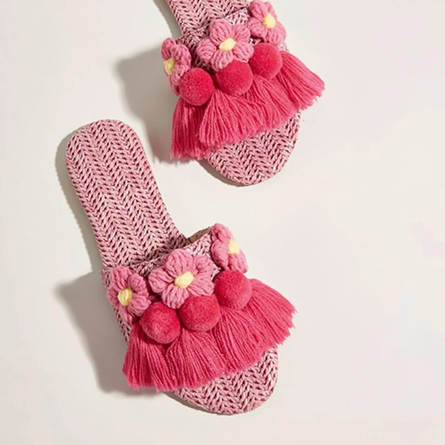 AMAZIDEAL Women's Tassels Flower Open Toe Flat Sandals Slides,Summer Breathable Braided Beach Sandals,Outdoor Casual Slip-on Dressy Slides Slipper