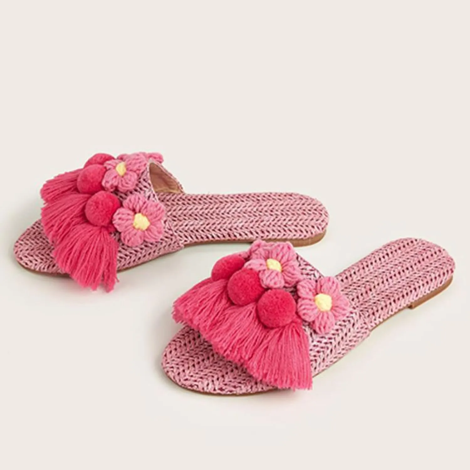 AMAZIDEAL Women's Tassels Flower Open Toe Flat Sandals Slides,Summer Breathable Braided Beach Sandals,Outdoor Casual Slip-on Dressy Slides Slipper