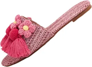 AMAZIDEAL Women's Tassels Flower Open Toe Flat Sandals Slides,Summer Breathable Braided Beach Sandals,Outdoor Casual Slip-on Dressy Slides Slipper