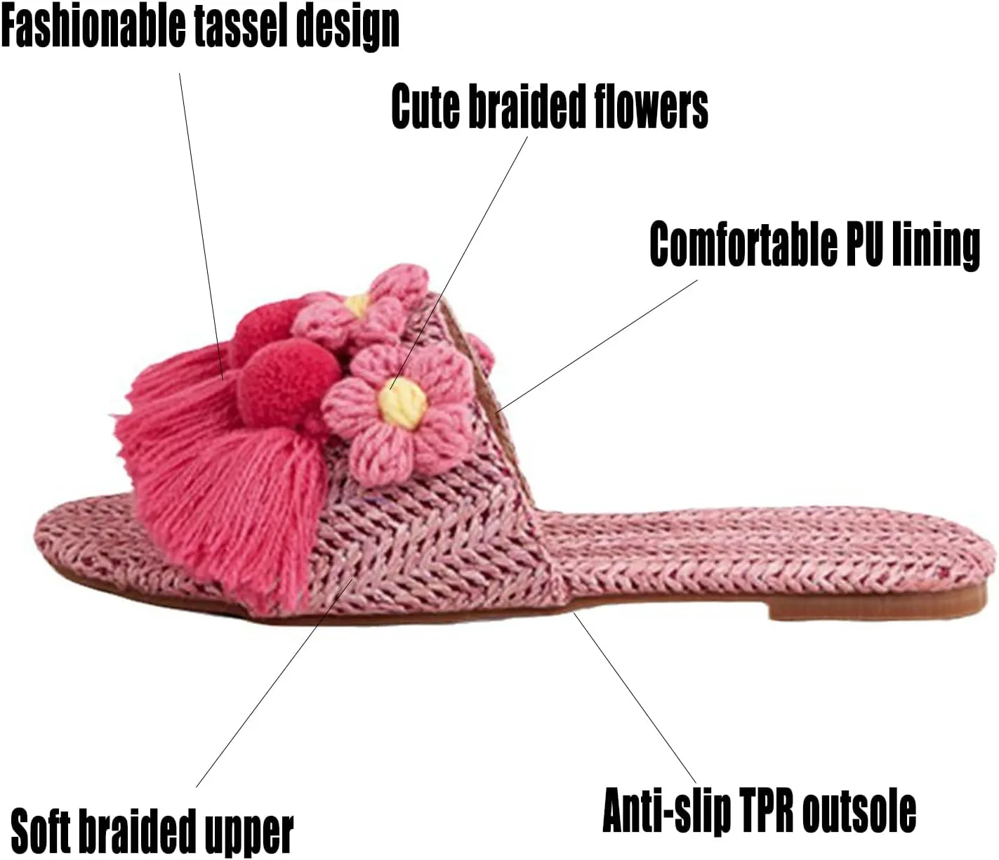 AMAZIDEAL Women's Tassels Flower Open Toe Flat Sandals Slides,Summer Breathable Braided Beach Sandals,Outdoor Casual Slip-on Dressy Slides Slipper