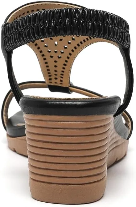 Amoji Women's Wedge Heels Sandals Comfortable Dressy Summer Shoes Elastic Strap 603