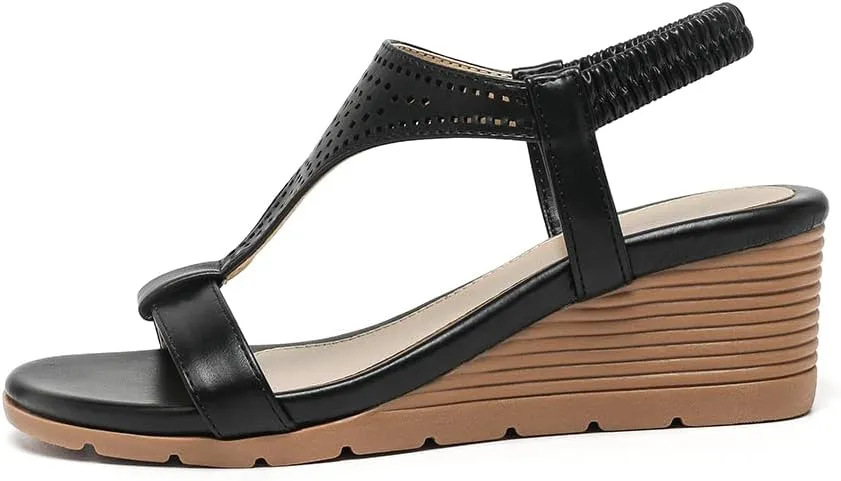 Amoji Women's Wedge Heels Sandals Comfortable Dressy Summer Shoes Elastic Strap 603