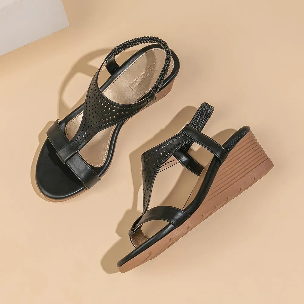 Amoji Women's Wedge Heels Sandals Comfortable Dressy Summer Shoes Elastic Strap 603