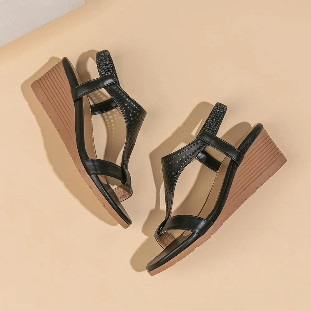 Amoji Women's Wedge Heels Sandals Comfortable Dressy Summer Shoes Elastic Strap 603