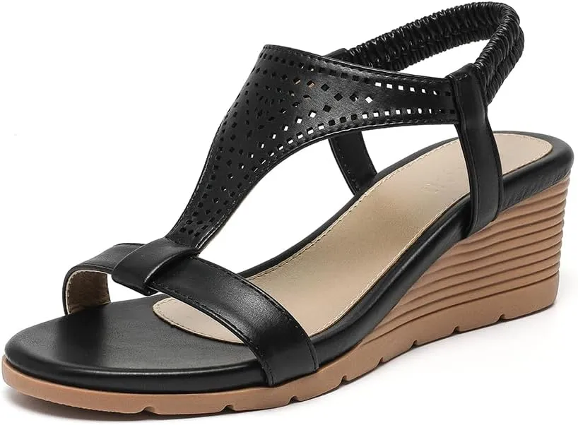 Amoji Women's Wedge Heels Sandals Comfortable Dressy Summer Shoes Elastic Strap 603