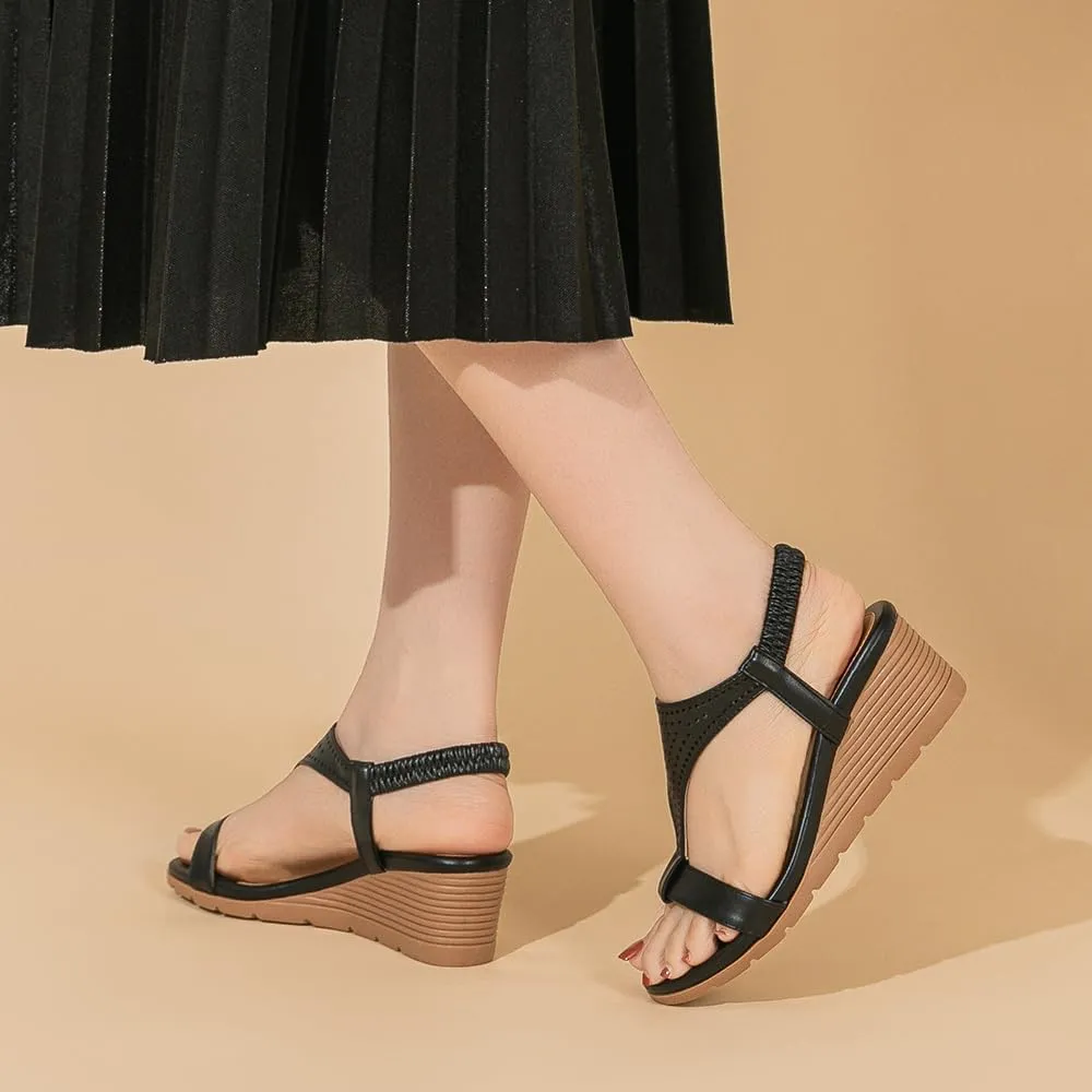 Amoji Women's Wedge Heels Sandals Comfortable Dressy Summer Shoes Elastic Strap 603