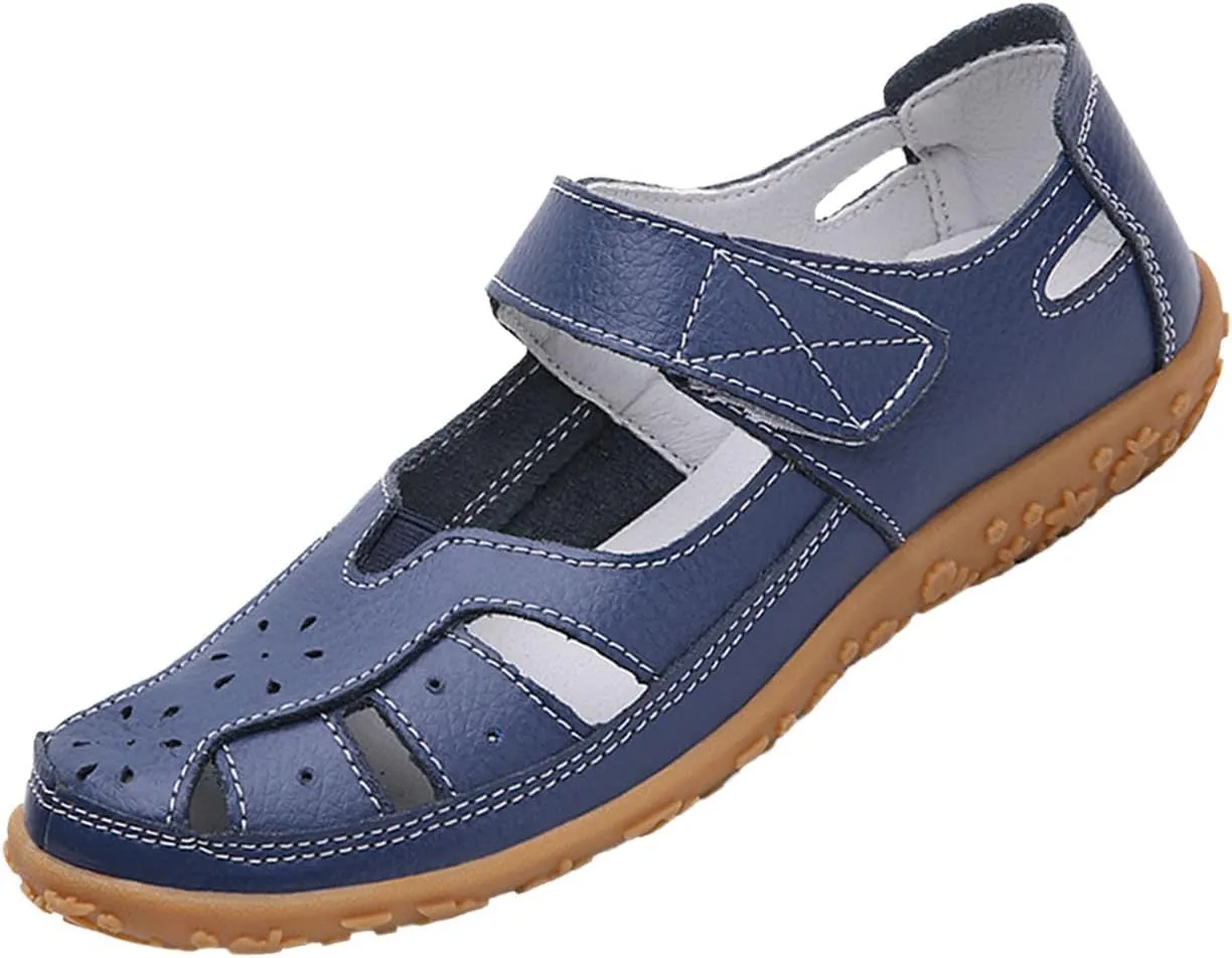 AngryMonkey Women's Summer Casual Flat Leather Sandals,Comfort Closed Toe Orthopedic Softsole Hook Loop Beach Mary Jane Shoes