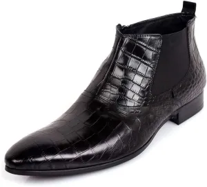 Ankle Boot for Men High Top Boot Slip On StyleGenuine Leather Retro Colors Pointed Toe Flats Block Heel Zipper Crocodile Texture