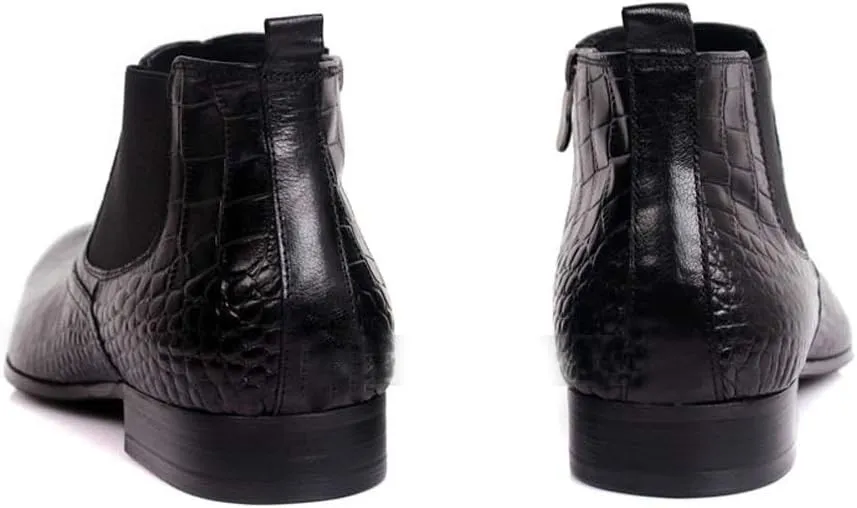 Ankle Boot for Men High Top Boot Slip On StyleGenuine Leather Retro Colors Pointed Toe Flats Block Heel Zipper Crocodile Texture