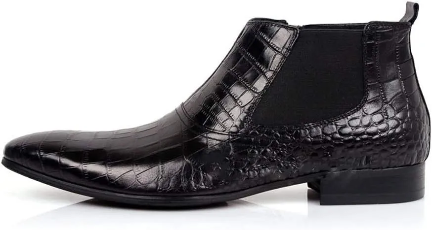 Ankle Boot for Men High Top Boot Slip On StyleGenuine Leather Retro Colors Pointed Toe Flats Block Heel Zipper Crocodile Texture