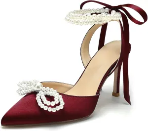 Anna's Bridal Satin White Wedding Shoes for Bride High Heels Closed Toe Bridal Shoes Sandals Prom Party Dress Pumps Sandals Elegant Pointed Toe Bridal Pear Heels for Women